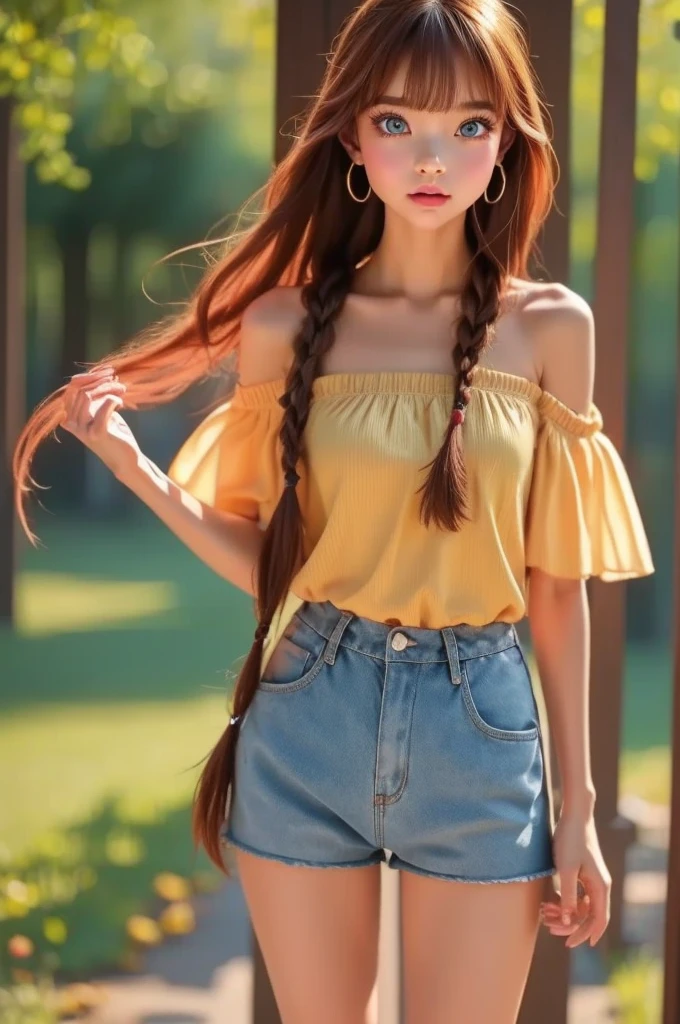 Super high res, ( top quality ,4K, Perfect Sharpness , Ultra-Fine, high res,masterpiece:1.2), Perfect Anatomy:1.5, Story Telling Illustration 、Body Positivity、 physical expression 、( Energetic Pose)、 perfect beauty, (Very strong winds)、 deep expression 、 dynamic composition、 Golden Ratio Composition、colorful、bangs、 short bob hair 、（Soft, flowing hair）、（(Nostalgic atmosphere )）、（(Playful and easygoing)）、（Diverse characters）、（( Graceful Posture)）、（Convivial atmosphere）、 shorts、A faint smile、 ((Emotional))、( braid hair)、Natural reaction、Summer clothing、 shows her thighs 、