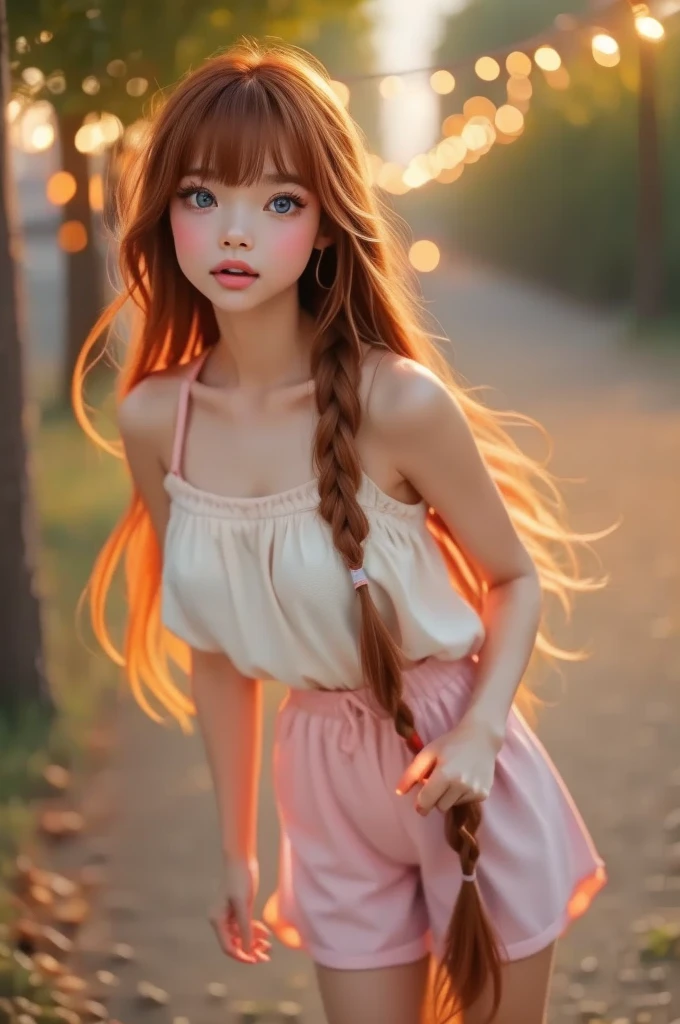 Super high res, ( top quality ,4K, Perfect Sharpness , Ultra-Fine, high res,masterpiece:1.2), Perfect Anatomy:1.5, Story Telling Illustration 、Body Positivity、 physical expression 、( Energetic Pose)、 perfect beauty, (Very strong winds)、 deep expression 、 dynamic composition、 Golden Ratio Composition、colorful、bangs、 short bob hair 、（Soft, flowing hair）、（(Nostalgic atmosphere )）、（(Playful and easygoing)）、（Diverse characters）、（( Graceful Posture)）、（Convivial atmosphere）、 shorts、A faint smile、 ((Emotional))、( braid hair)、Natural reaction、Summer clothing、 shows her thighs 、