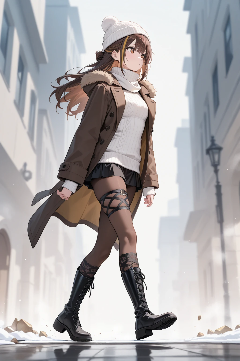 solo, brown hair, half updo, gold streaked hair,  
dark brown fur-trimmed coat, white turtleneck sweater, black microskirt, thigh lace-up boots, scarf, knitted hat, BREAK
High-knee walking, 
masterpiece, best quality,