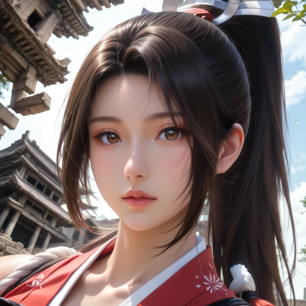 score_9,score_8_up,score_7_up,high res image,masterpiece,best quality,realistic,Mai Shiranui,(plump:1.7),(black pupil:1.2),(brown black hair:1.3),(High ponytail:1.3),(revealing japanese clothes, pelvic curtain:1.5),(horseback_riding:1.4),(building_ruins:1.3),((black_shorts:1.3)),(;d:1.4),