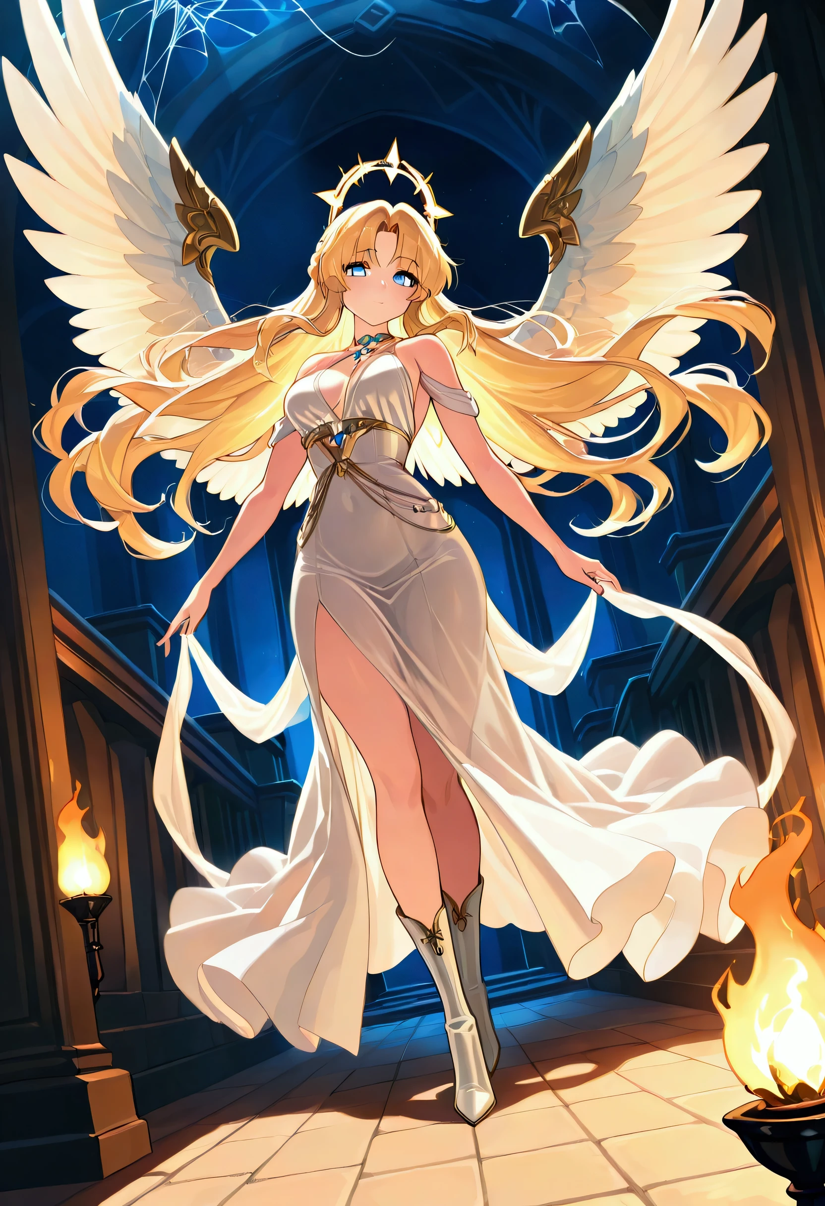 Arafed, a picture of a female angel in high society prom event, divine beautiful female angel, blond hair, long hair, flowing hair, the hair glows in a soft light, cerulean eyes, deep light eyes, divine beautiful face, folded white feather wings, she wears a red evening dress, elegant, intricate detailed dress, silk dress, she wears elegant high heeled boots, exquisite high heeled boots, she stands on the porch of a fantasy castle, dynamic angle, soft torch light, (Masterpiece: 1.5), 16k, highres, best quality, high details, ultra detailed, masterpiece, best quality, (extremely detailed), AngelStyle, GlowingRunesAI_paleblue, Angels Elemental, bj_Devil_angel