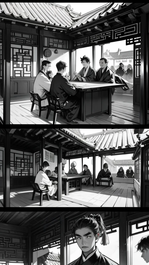          comics、Black and White、4 scenes、Chinese style、The final scene of the barbecue