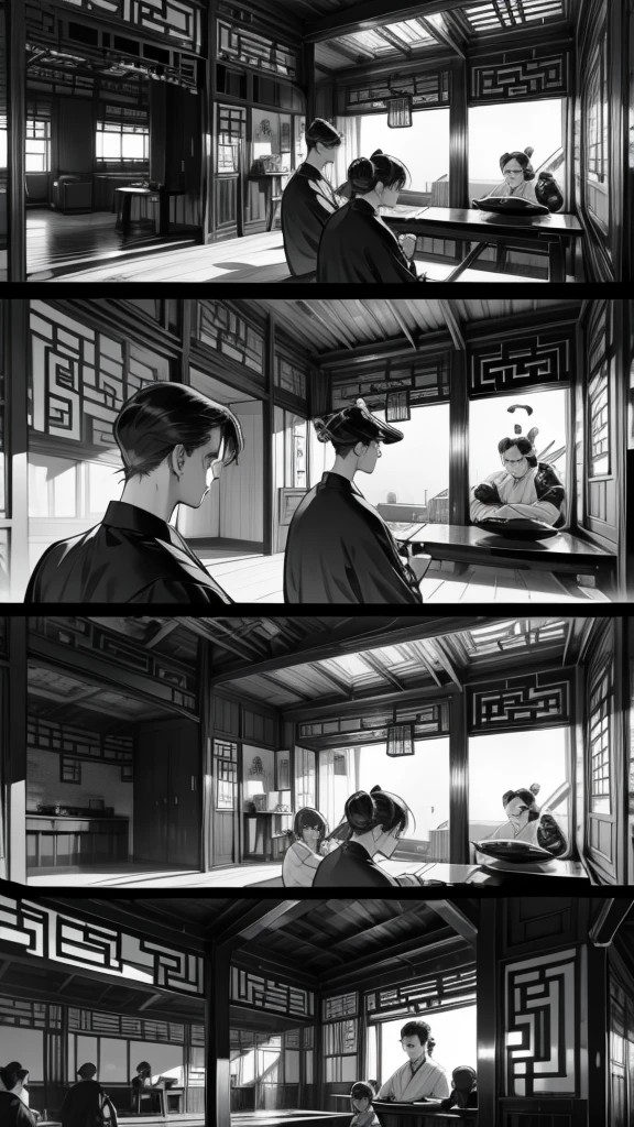          comics、Black and White、4 scenes、Chinese style、The final scene of the barbecue