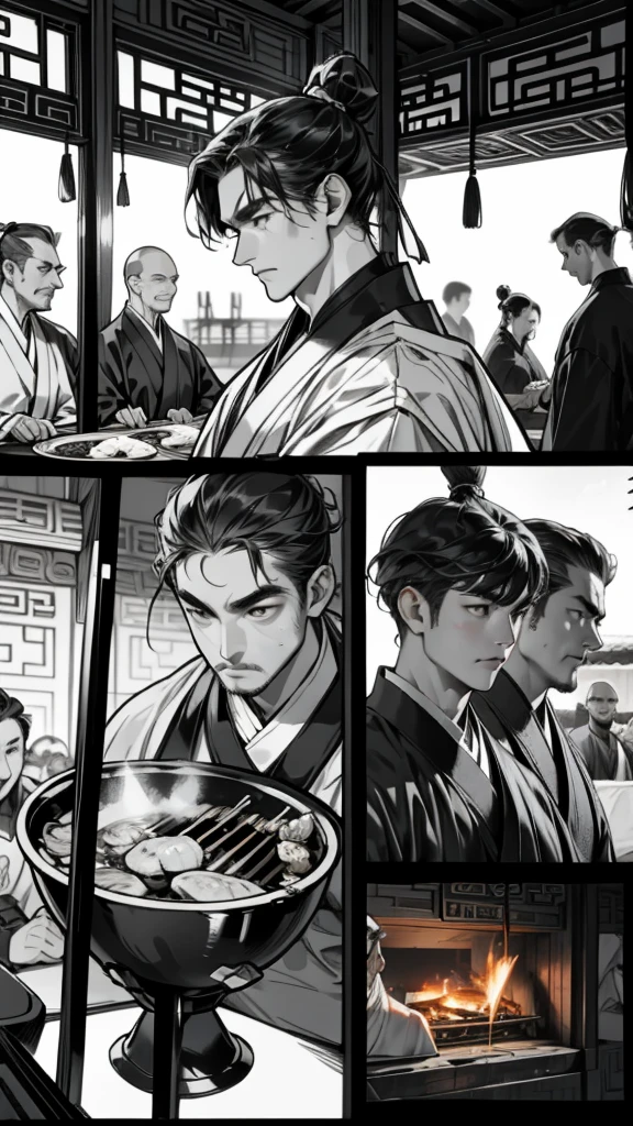          comics、Black and White、4 scenes、Chinese style、The final scene of the barbecue