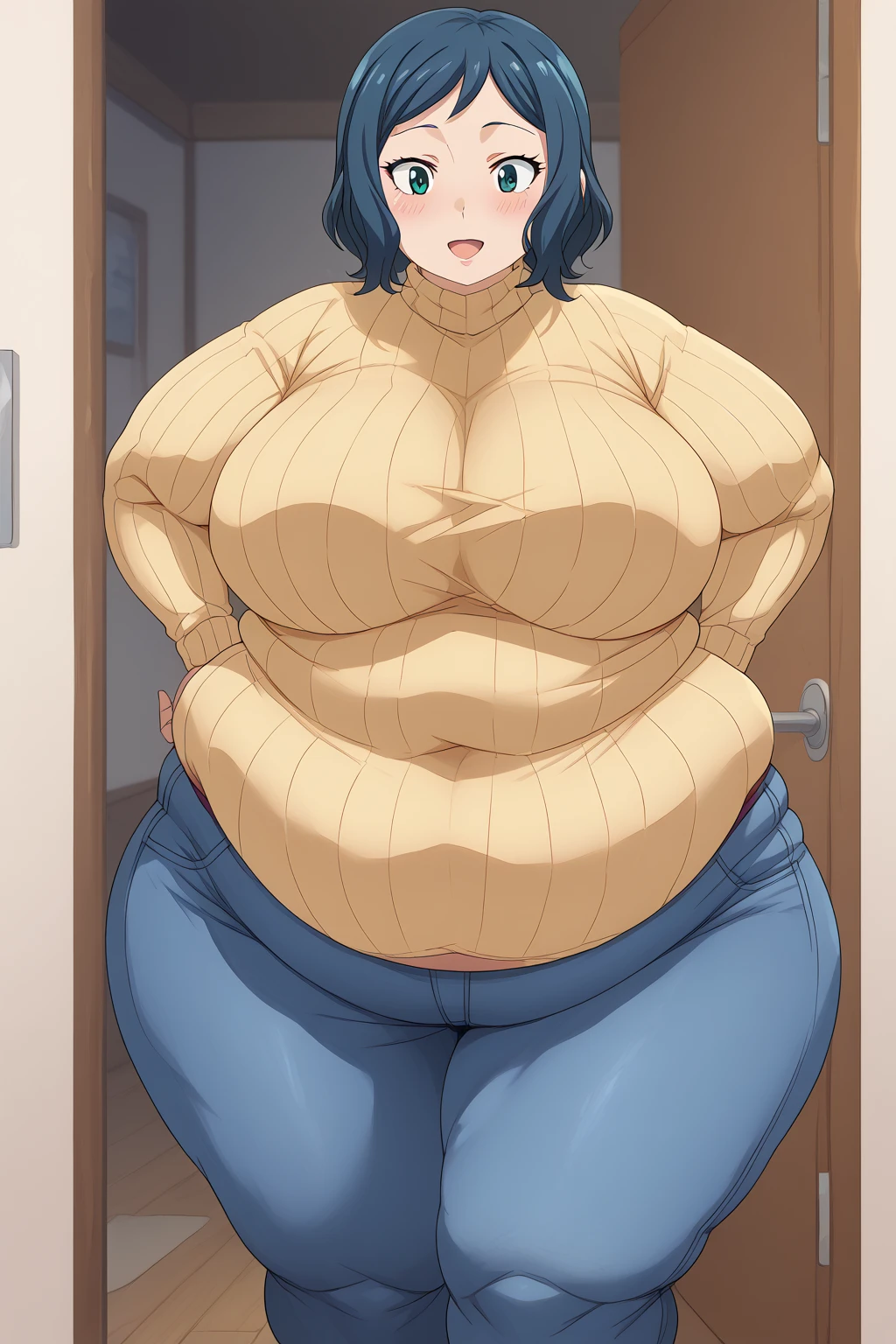  Iori Rinko, Rinko Iori,　 yellow sweater, Navy blue jeans ,Obese middle-aged woman, troubled expression, embarrassing expression ,milf, chubby,living, score_9,  score_8_ up、 score_7_ up、 score_6_ up、 score_5_ up、 score_4_ up、 masterpieces at the front door of the house、 top quality , A beautiful woman with an obese figure,  absurd、 Source_ anime anime screencap,  one woman、Alone、 personal  、Super huge breasts,  super huge clevis、Super huge, Super huge boob,Curvy、 wide hips、