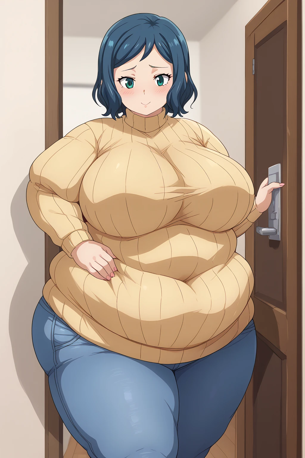  Iori Rinko, Rinko Iori,　 yellow sweater, Navy blue jeans ,Obese middle-aged woman, troubled expression, embarrassing expression ,milf, chubby,living, score_9,  score_8_ up、 score_7_ up、 score_6_ up、 score_5_ up、 score_4_ up、 masterpieces at the front door of the house、 top quality , A beautiful woman with an obese figure,  absurd、 Source_ anime anime screencap,  one woman、Alone、 personal  、Super huge breasts,  super huge clevis、Super huge, Super huge boob,Curvy、 wide hips、