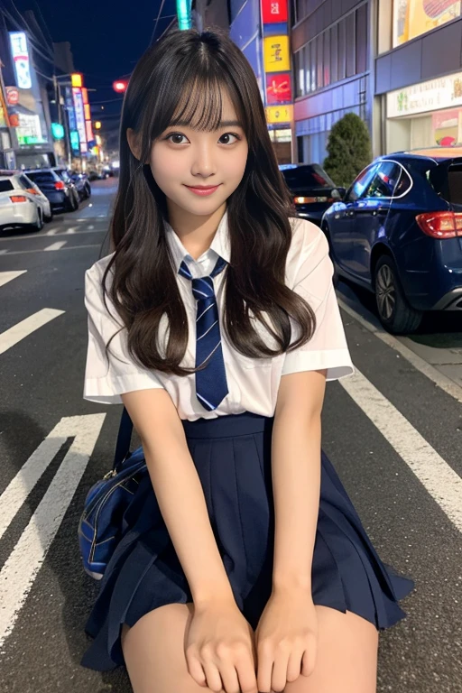 highest quality, masterpiece, Ultra-high resolution, (Reality: 1.4), Original photo, One girl, mature, White JK Uniform, happy smile, large chest , sitting on seat in train, Cinema Lighting, Landscape sheet、The view from the train window