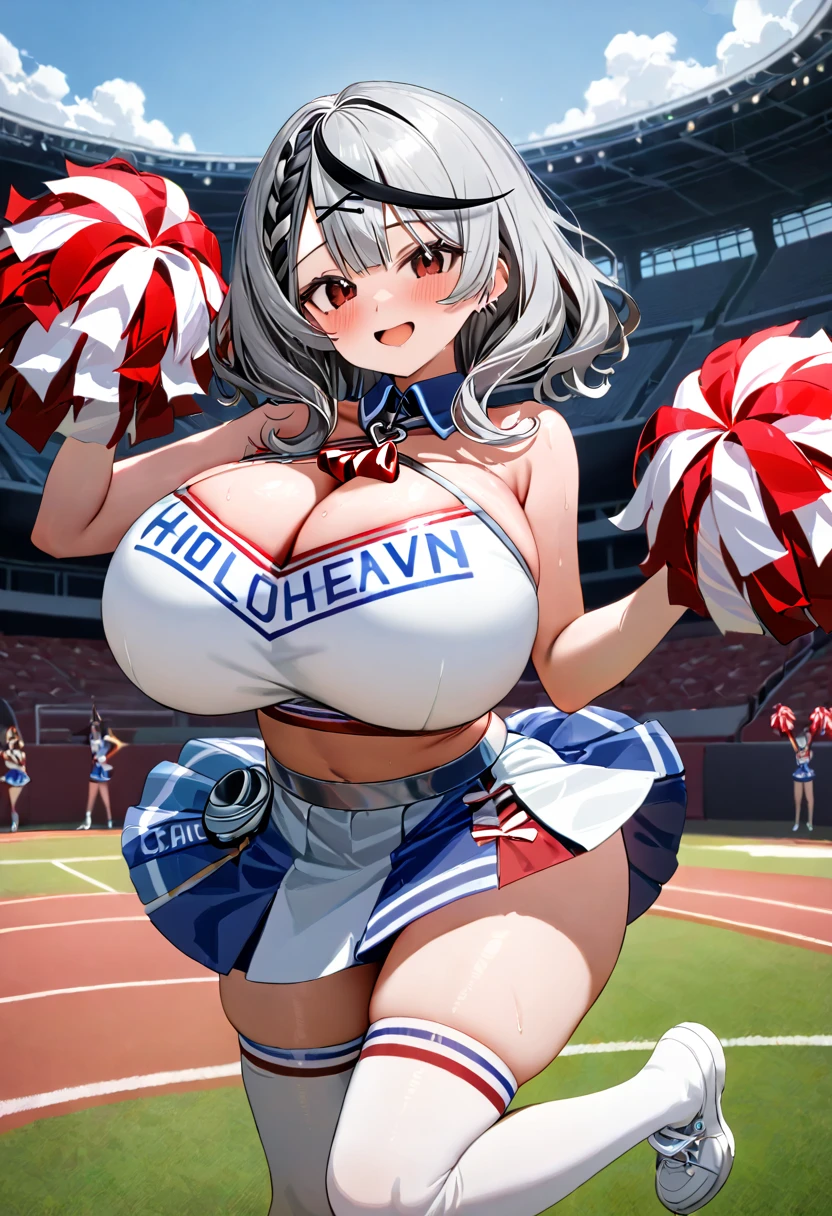 ( top quality  , 8k , masterpiece ),  girl  , young , 1 person , sakamata chloe ,  hololive  , Silver Hair , Big Breasts , smile ,  like heaven ,  red cheeks  , A rich variety of skin tones  , (  Cheerleader Costume , thigh-high socks :1.2) , ( huge breasts:1.2)