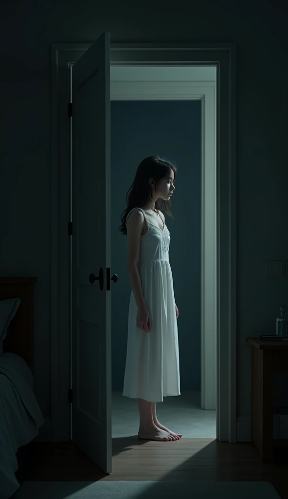 A young girl in a floral dress levitates in a dimly lit bedroom, her arms outstretched as if in fear or awe. Behind her, a ghostly figure, translucent and ethereal, appears to be reaching out towards her. The scene is captured in a grainy, vintage style, evoking a sense of unease and mystery. The overall mood is unsettling and haunting, with a hint of the supernatural.

