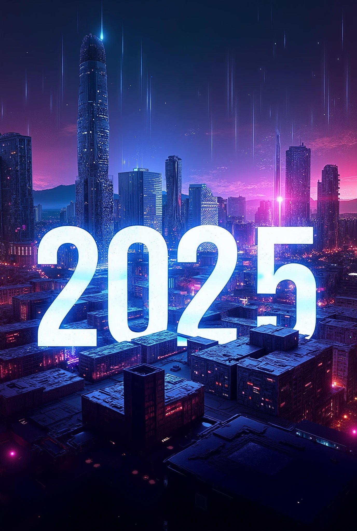 The huge “2025”、Creative poster、 cyberpunk、 Future Cities 、Neon lights and buildings in the background、 game screen