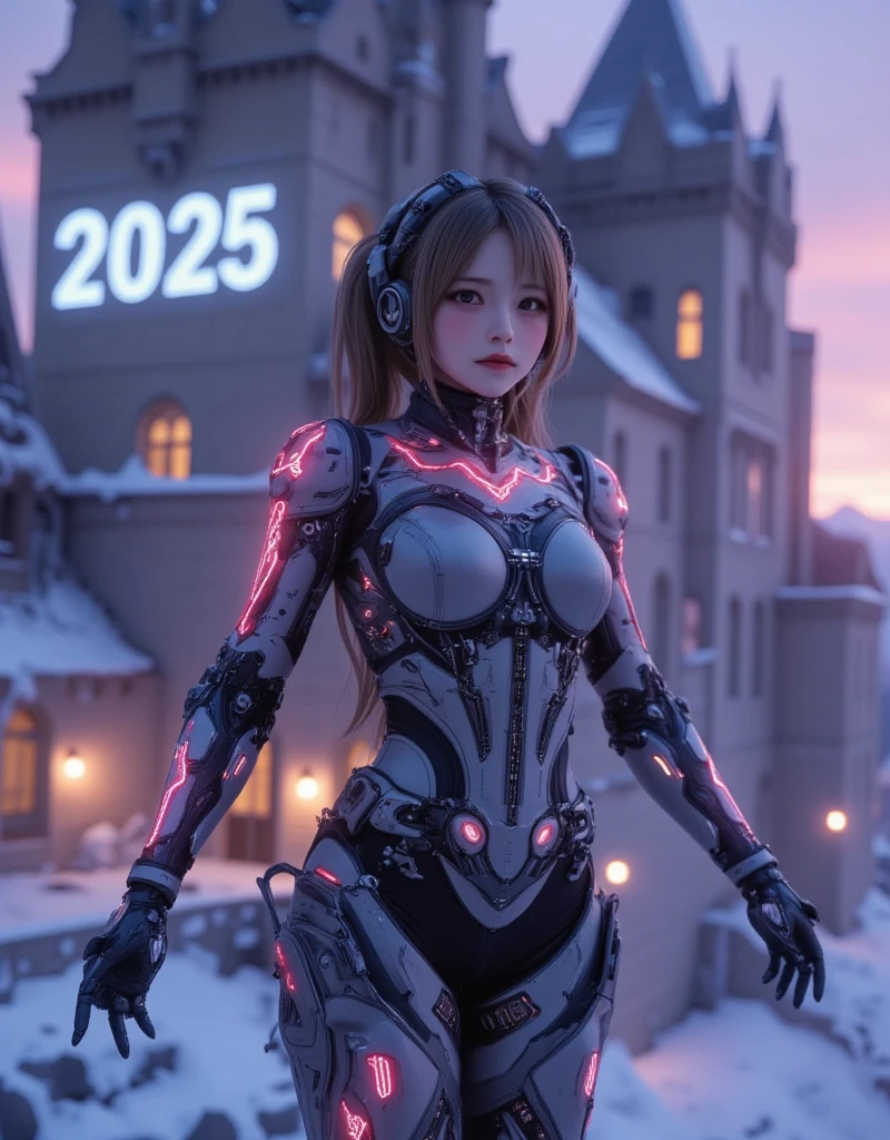 ultra-realistic, photorealistic, dramatic scene, shadow, global-illumination, solo, perfect anatomy, perfect fingers, (teenage Japanese famous idol girl but cyborg), very beautiful with very cute face, detailed face skin texture, (modern maid but futuristic cyborg), intricated complex cyber punk mechanical neon cyber cyborg body, wearing a beautiful lace, (her cyborg body is fully covered with extremely detailed futuristic mechanical armored suits), absolutely complex futuristic cyborg body, neon markers are integrated in her body, head gear, (very large breasts), slim waist, She is flying in the air in front of the old European castle, she is flying in the sky using mini rocket thruster on her back, (the projection mapping of the words "2025" are projected on the castle with blue laser), beautiful new year's sunrise from the snow mountain, purple with pink, dynamic angle, dynamic flying pose