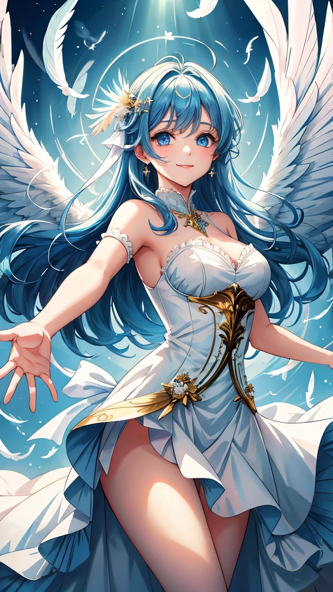 Liter、Load、Knights of Paradise、White and blue armor、Metallic Leotard、Leotard armor、Exposed belly、The umbilicus is exposed、High leg metallic skirt、Armor Skirt、３versus６Giant angel wings、princess、Princess Knight、Grab the sword and raise it above your head、Stigmata、（（（ＳＦＷ、sound、Highest quality、first-clasasterpiece、Normal body、8k、Detailed face、Ultra-precision、Normal hand、Normal finger、５Finger、Highest）））