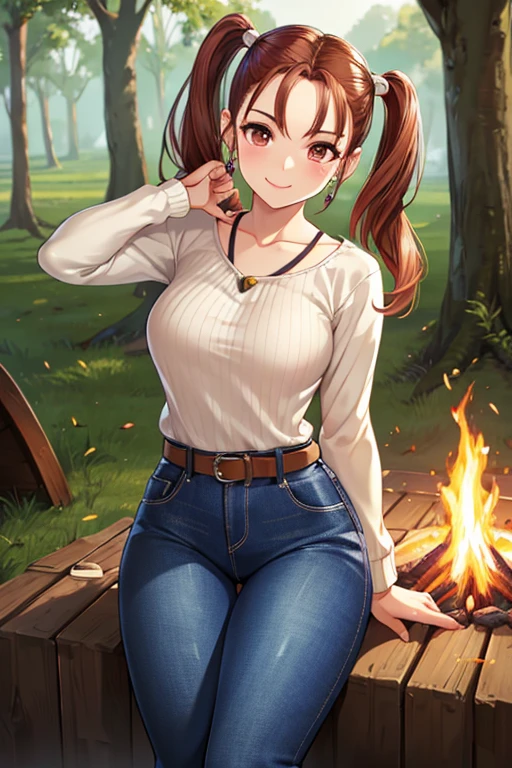 Jessica,  shiny maroon hair,  twin tails, ( beautiful brown eyes、 center split)、smile、 super detailed eyes、 Highly Detailed Faces ,  highly detailed eyes ,cowboy shot,、(Alone,  one girl)、 ,Master Piece,  top quality ,  high res, masterpiece , 







 one girl, Ribbed knit、 denim pants、sit, Campsite, Outdoors, forest,  campfire,annealing , 


 top quality , 超 high res, realistic，warm，