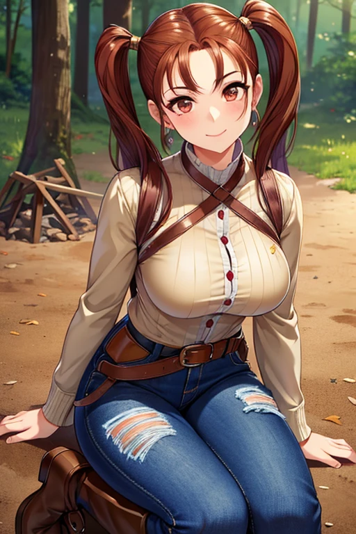 Jessica,  shiny maroon hair,  twin tails, ( beautiful brown eyes、 center split)、smile、 super detailed eyes、 Highly Detailed Faces ,  highly detailed eyes ,cowboy shot,、(Alone,  one girl)、 ,Master Piece,  top quality ,  high res, masterpiece , 







 one girl, Ribbed knit、 denim pants、sit, Campsite, Outdoors, forest,  campfire,annealing , 


 top quality , 超 high res, realistic，warm，