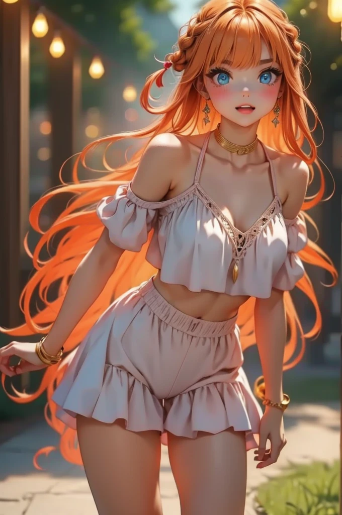 Super high res, ( top quality ,4K, Perfect Sharpness , Ultra-Fine, high res,masterpiece:1.2), Perfect Anatomy:1.5, Story Telling Illustration 、Body Positivity、 physical expression 、( Energetic Pose)、 perfect beauty, (Very strong winds)、 deep expression 、 dynamic composition、 Golden Ratio Composition、colorful、bangs、 short bob hair 、（Soft, flowing hair）、（(Nostalgic atmosphere )）、（(Playful and easygoing)）、（Diverse characters）、（( Graceful Posture)）、（Convivial atmosphere）、 shorts、A faint smile、 ((Emotional))、( braid hair)、Natural reaction、Summer clothing、 shows her thighs 、