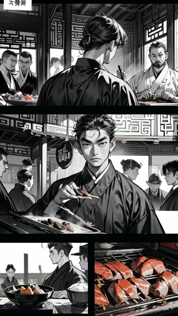         comics、Black and White、4 scenes、Chinese style、The final scene of the barbecue、meat、