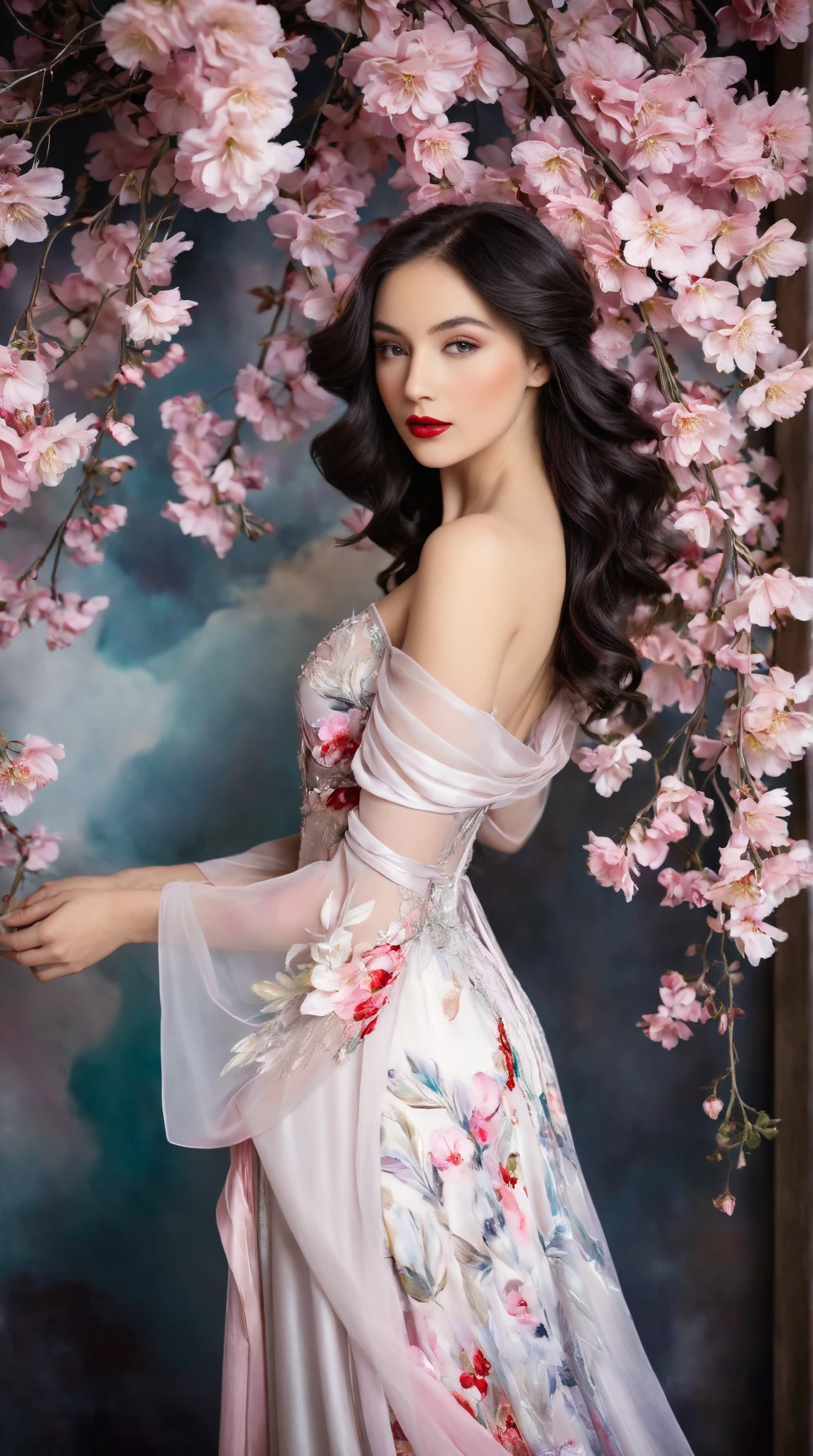 In a whimsical floral backdrop, a graceful European woman elegant shot from the 1920s stands in elegant poise, embodying a dreamlike essence. Her delicate features glow softly, illuminated by the ethereal light filtering through lush, pastel blossoms. Dark waves of hair cascade gently around her shoulders, framing her serene expression.

She wears a flowing gown of bright magical pink radiants one of a kind silk that billows delicately, enhancing her tranquil presence. Her striking red lips provide a vivid contrast, infusing life into the soft, monochromatic hues of the scene.

The artwork is reminiscent of an enchanting ink painting, where fluid brush strokes and intricate line work convey a sense of nostalgia and magic. Soft shades of ink merge seamlessly, while the background bursts with an array of pastel flowers, evoking a breathtaking, dreamlike atmosphere. This composition radiates tranquility and romance, inviting viewers into a timeless moment that feels both captivating and ephemeral.