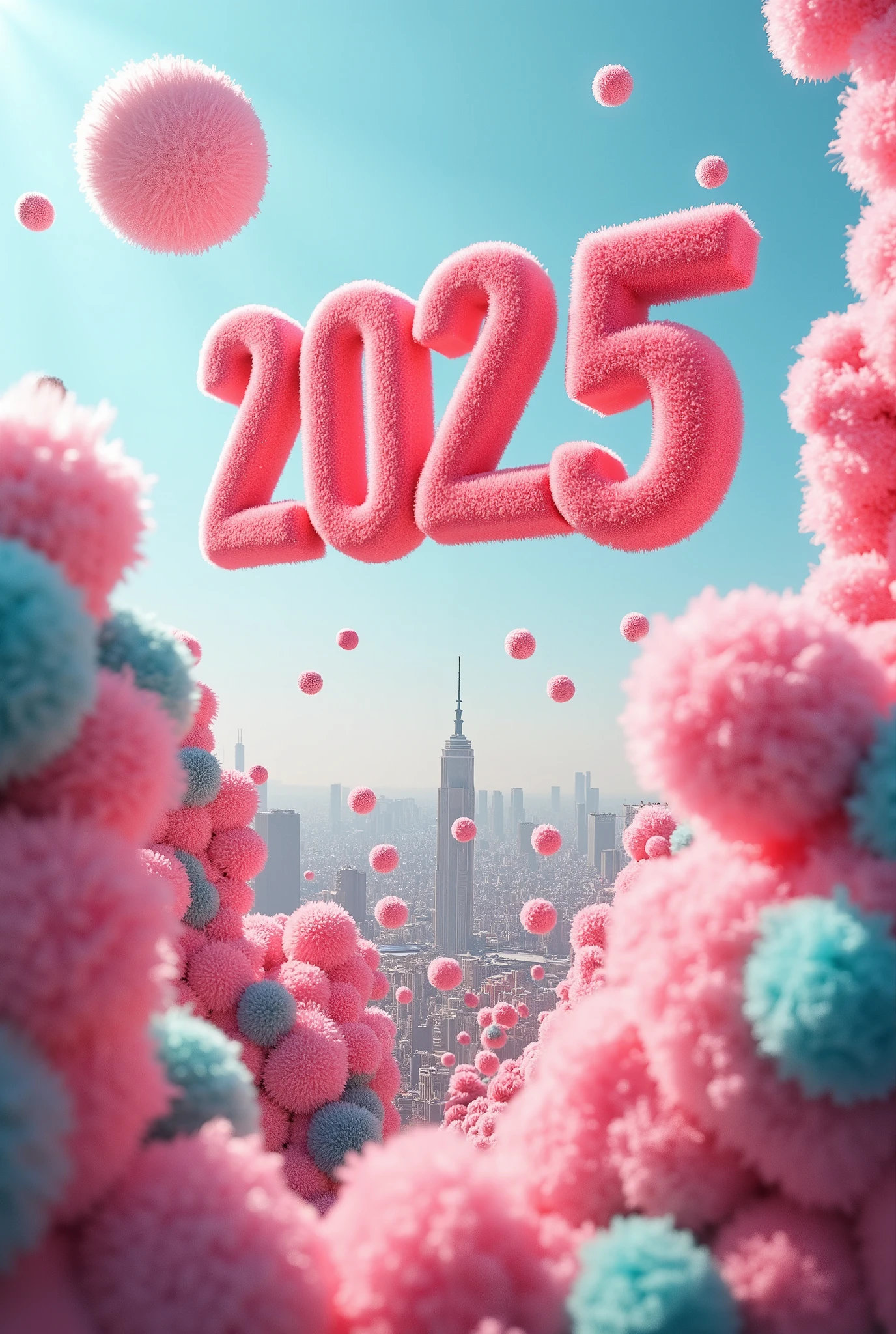  urban aerial background ， huge colorful “2025” floating in the air， furry texture ， furry colored balls floating in the air ，colored wool ，Light，Marshmallow texture。