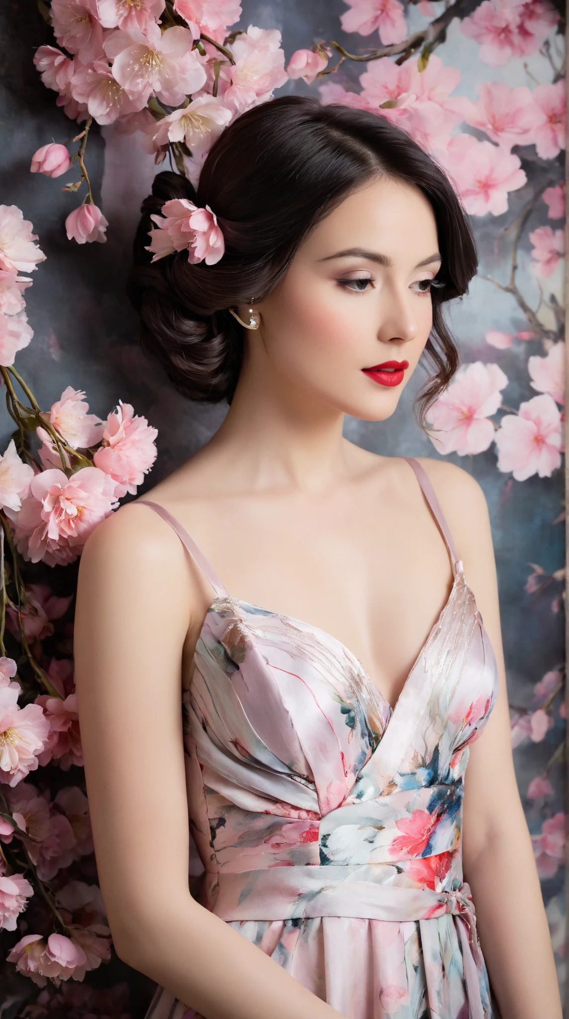 In a whimsical floral backdrop, a graceful European woman elegant shot from the 1920s stands in elegant poise, embodying a dreamlike essence. Her delicate features glow softly, illuminated by the ethereal light filtering through lush, pastel blossoms. Dark waves of hair cascade gently around her shoulders, framing her serene expression.

She wears a flowing gown of bright magical pink radiants one of a kind silk that billows delicately, enhancing her tranquil presence. Her striking red lips provide a vivid contrast, infusing life into the soft, monochromatic hues of the scene.

The artwork is reminiscent of an enchanting ink painting, where fluid brush strokes and intricate line work convey a sense of nostalgia and magic. Soft shades of ink merge seamlessly, while the background bursts with an array of pastel flowers, evoking a breathtaking, dreamlike atmosphere. This composition radiates tranquility and romance, inviting viewers into a timeless moment that feels both captivating and ephemeral.