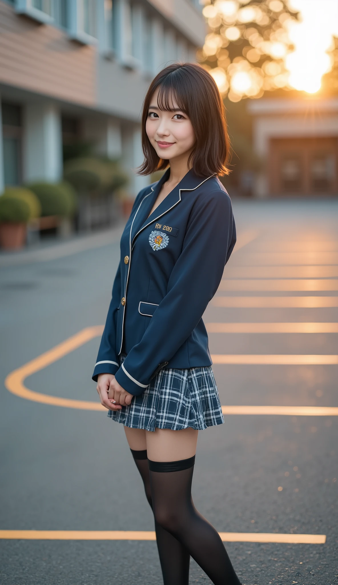 ( top quality ,8K quality,masterpiece:1.3),( super A high resolution, photorealistic :1.4, Original photo),( ultra-detailed, caustics, detailed background),( ultra-realistic capture , Beautifully Detailed Skin,Perfect human body),In the sunset,Twilight Sky,School building,Schoolyard,18 years old,Cute, double eyelids, Black Haired Short Bob , school blazer uniform, ( Ultra Realistic Pantyhose), smile, Full Body Shots , Wear shoes on your feet 、 natural soft light