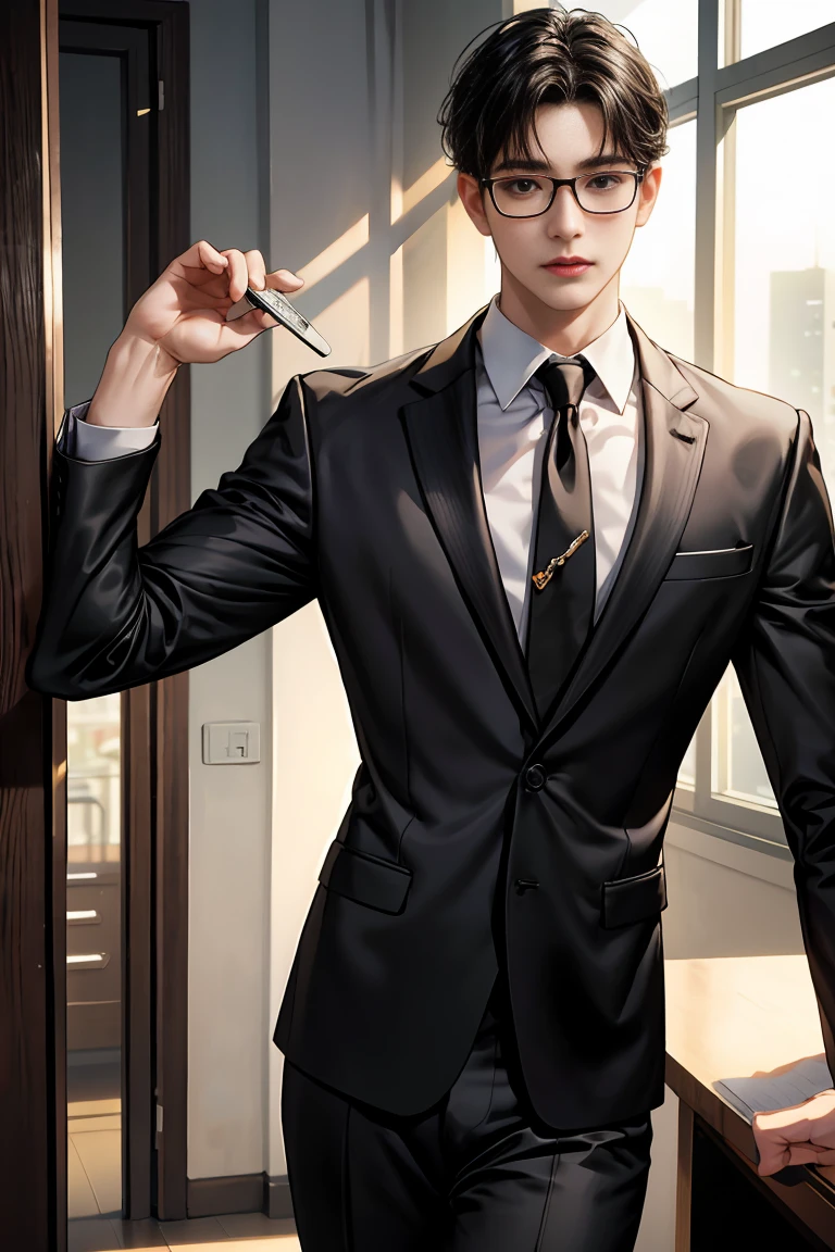 1boy, 16~20 years old, male focus, muscular male, nsfw, 3D, realistic, indoor, normal hue, central, golden ratio, sitting on the leather throne, sharp-featured body, tall, burly, highres, slender build, perfect anatomy, skin texture, thick dark buzzcut hair, see-through bangs, shallow eyebrow, symmetrical eyebrow, large bright eyes, symmetrical eyes, square gold-rimmed glasses, big straight nose, closed mouth, double-edged polearm, broad shoulders, noble attire, bdominal stretch, tight-fitting, leather collar, stand-up collared shirt, necktie, waistcoat, open thickened glossy dark leather jacket, six-pack abs, leather gloves, black trousers, leather belt, spreading long thin legs, <lora:OnlyCocks_v1.0:0.5>, large erect penis over 10 inches length and 3 inches width, erection, large scrotum with testicles, masturbation, high-heeled leather boots, soft smile, handsome, powerful, from front, looking ahead at viewer, day, masterpiece, best quality, hyper-detailed, intricate detail, professional photography, matte, bright, the most beautiful ever seen, post processing, dreamatic lighting, ambient lighting, epic composition, ultrawide shot, uplight, raytracing reflections, depth of field, gorgeous background <lora:1.TearsOfThemisArtem_v1.0:0.5>