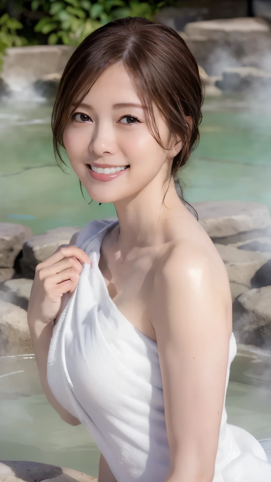((Viewer discretion advised))、最high quality、high quality、Best image quality、8k、最High resolution、High resolution、最high quality、masterpiece、far and near method、Detailed and realistic human body、Detailed and realistic skin、Detailed and realistic face、Realistic reproduction of every detail、Realistic lips with detailed details、Detailed and realistic teeth、Detailed and realistic ears、Detailed and realistic hair、Detailed and realistic weapons、Realistic reproduction of every detail、Detailed and realistic fingers、(Beautiful Hands、thumb1reference4)、Realistic feet down to the last detail、((Beautiful Japan))、(Japanese Model), (Japanese women)、((One beautiful girl))、(Black Hair)、(Random Hairstyles)、(Cute Smile:1.5)、((whole body))、((Beautiful upturned breasts))、(Slim Style、Slim fit)、( whole body glossy skin 、White skin)、((Wrap a thin white towel around your body.))、((Thin towel( Her Skin Can Be Seen Through a Wet Thin Towel))、(The shape of her nipples is clearly visible through a wet thin towel)、( I can clearly see the shape of her pussy through a wet thin towel)、(( wet thin towel sticks to her skin ))、(Soft natural light)、((Deep in the forest(Natural hot springs gush out))、((Hot spring surrounded by rocks))、((deep bathtub(deep hot spring))、((Hot Spring Girls))、((Take a bath in a hot spring))、((A woman warming herself in a hot spring))、((Soak in a hot spring))、((腰までSoak in a hot spring))、((Extremely clear hot spring water))、((Subject seen from the water surface))、((Hot springs filled with thick steam))、((A lot of steam rises from the hot spring.......))