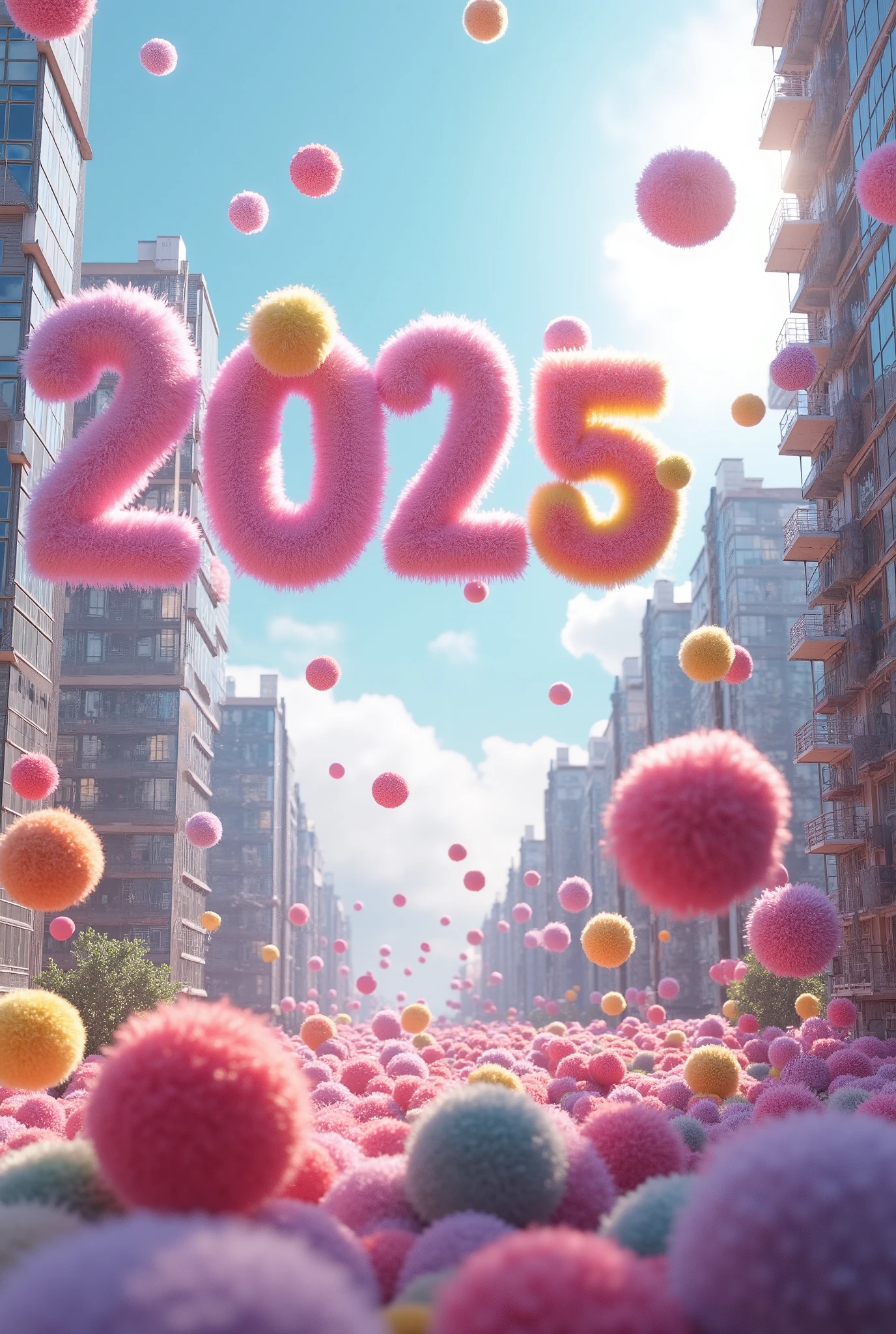  urban aerial background ， huge colorful “2025” floating in the air， furry texture ， furry colored balls floating in the air ，colored wool ，Light，Marshmallow texture。