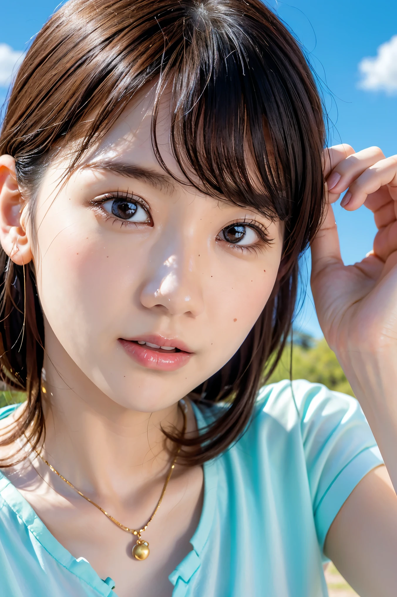 (realistic, photo-realistic), (best quality, masterpiece), high resolution, intricate details, extremely detailed, sharp focus, cinematic lighting, solo, 1girl, a Japanese female idol, (face focus, all fours), (loose t-shirt, shorts), (huge breasts, downblouse), (lewd look, girl, smaller face, detailed face, detailed eyes, sophisticated nose), dark hair, pale skin, photo background, outdoors, large park, blue sky and clouds,