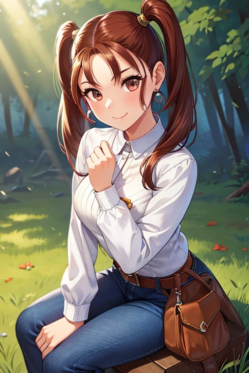 Jessica,  shiny maroon hair,  twin tails, ( beautiful brown eyes、 center split)、smile、 super detailed eyes、 Highly Detailed Faces ,  highly detailed eyes ,cowboy shot,、(Alone,  one girl)、 ,Master Piece,  top quality ,  high res, masterpiece , 







 one girl, Ribbed cropped knit、 denim pants、sit, Campsite, Outdoors, forest,  campfire,annealing , 


 top quality , 超 high res, realistic，warm，