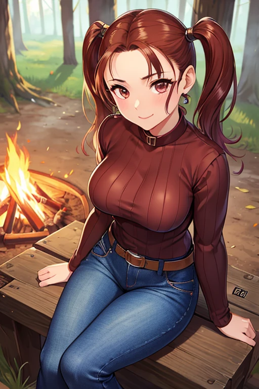 Jessica,  shiny maroon hair,  twin tails, ( beautiful brown eyes、 center split)、smile、 super detailed eyes、 Highly Detailed Faces ,  highly detailed eyes ,cowboy shot,、(Alone,  one girl)、 ,Master Piece,  top quality ,  high res, masterpiece , 







 one girl, Ribbed cropped knit、 denim pants、sit, Campsite, Outdoors, forest,  campfire,annealing , 


 top quality , 超 high res, realistic，warm，