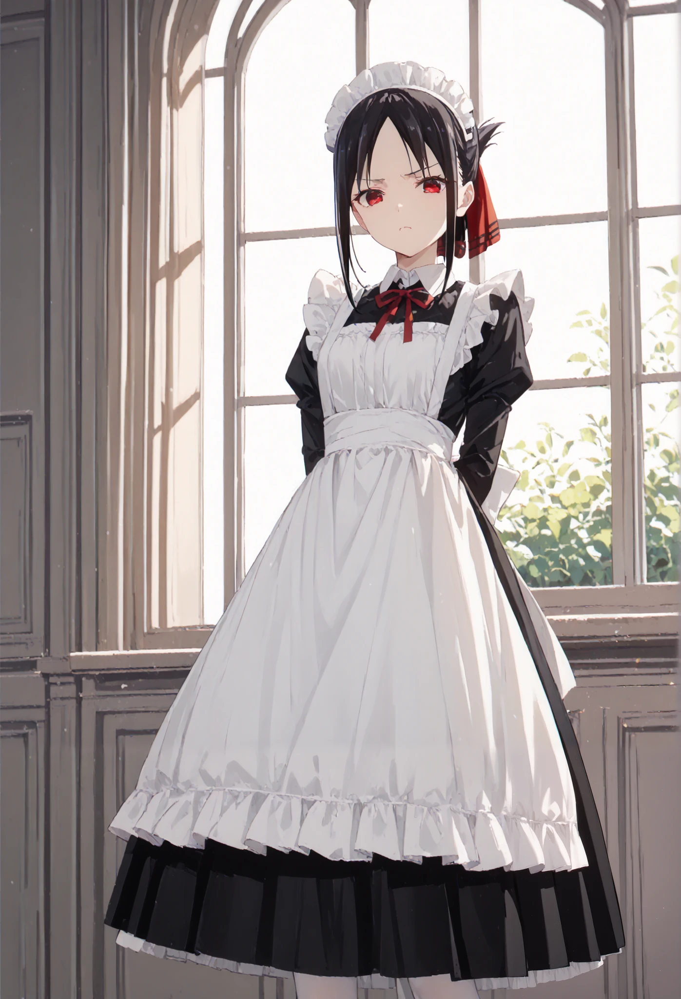 dressed in maid outfit 1girl, shinomiya kaguya, red eyes, maid,black hair, , ribbon, maid headdress,kaguya shinomiya, short hair, bangs, black hair, red eyes, hair ribbon, sidelocks, folded ponytail, parted bangs,standing,full-body shot,white pantyhose,black heels,black medium skirt,white apron,window,marble,Grumpy expression