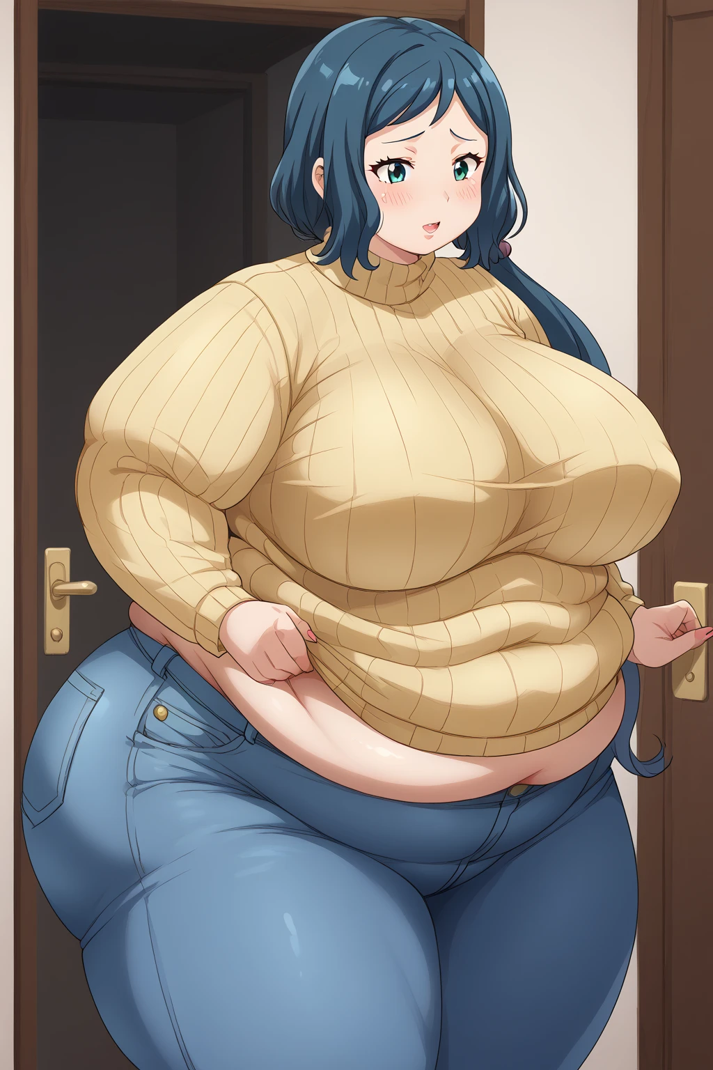  Iori Rinko, Rinko Iori,　 yellow sweater, Navy blue jeans ,Obese middle-aged woman, troubled expression, embarrassing expression ,milf, chubby,living, score_9,  score_8_ up、 score_7_ up、 score_6_ up、 score_5_ up、 score_4_ up、 masterpieces at the front door of the house、 top quality , A beautiful woman with an obese figure,  absurd、 Source_ anime anime screencap,  one woman、Alone、 personal  、Super huge breasts,  super huge clevis、Super huge, Super huge boob,Curvy、 wide hips、