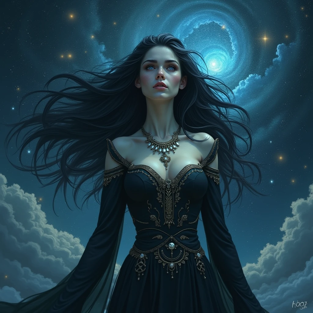 valar Varda with black hair with constellations and a long dark blue dress with constellations