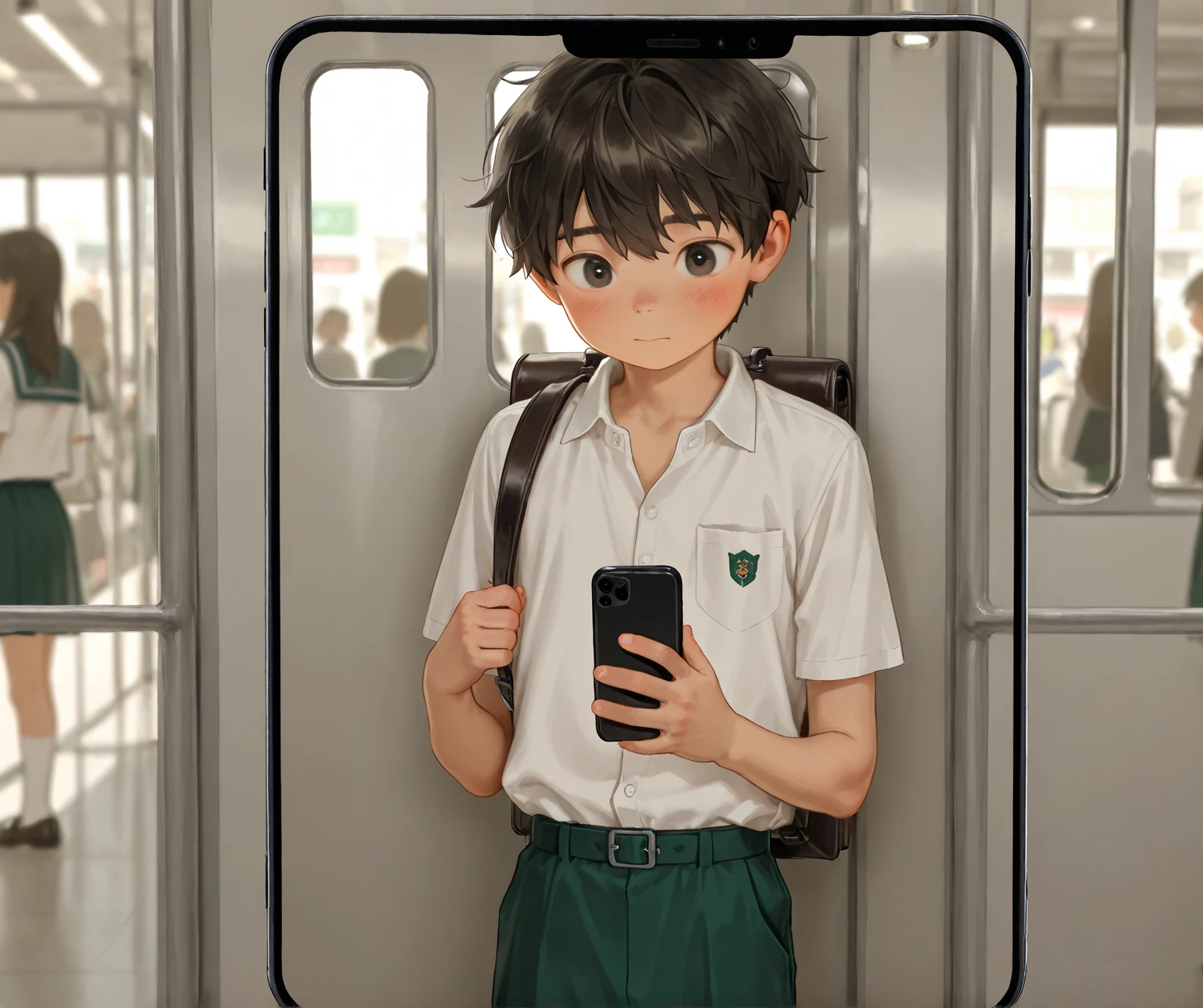  solo, shota, young boy, public, looking at mobile phone, holding cellphone, smartphone, holding phone
, underwearonscreen, male school uniform, white brief, 8k, high quality, Rembrandt lighting