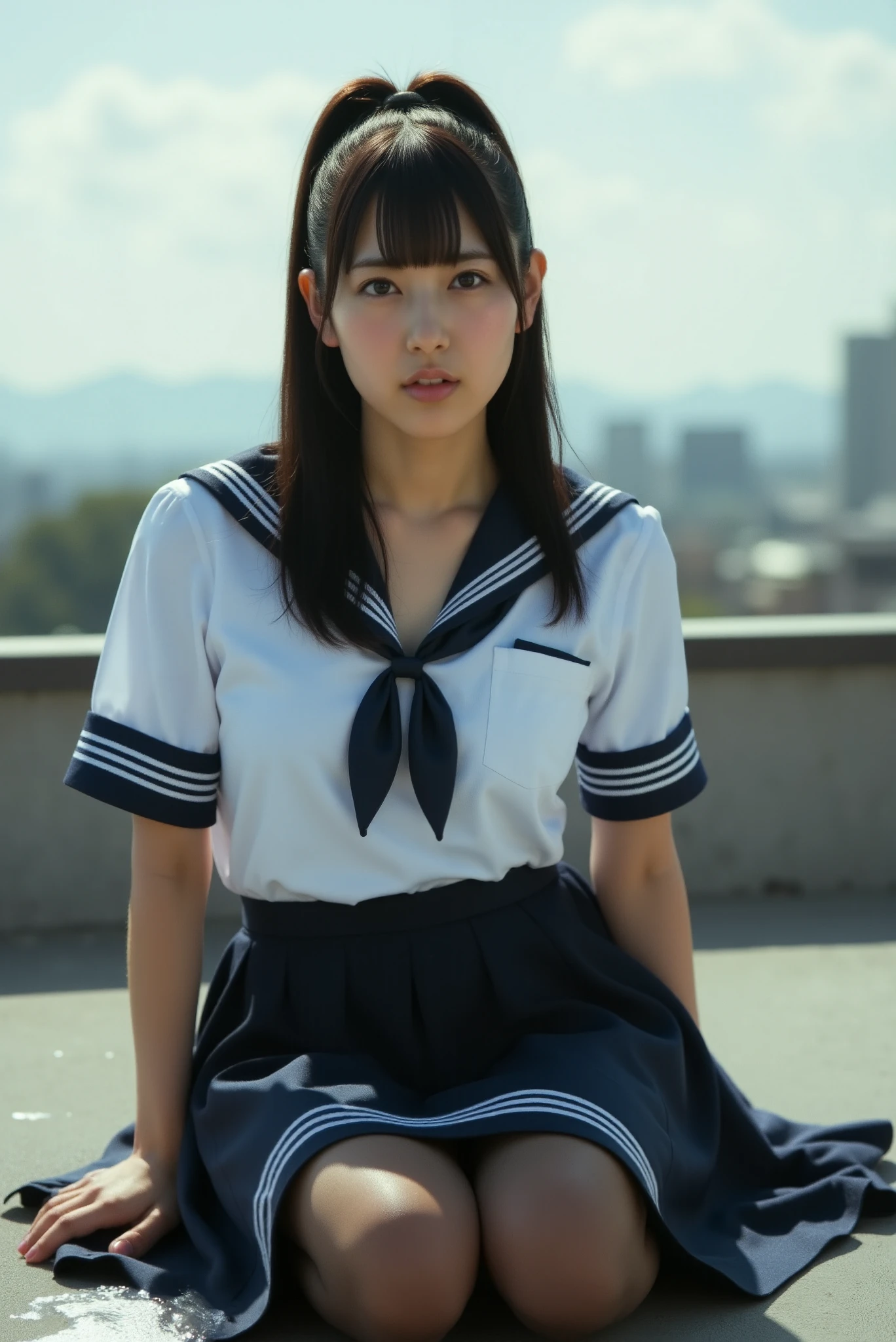 best quality, ultra high res, (photorealistic:1.4), cosplay picture,
(1 japanese girl), high school girl, idol,
((ponytail)), white hair ribbon, hair bang, floating hair, 
big eyes, light smile, 
sailor suit school uniform, (((sailor collar))), black tie, white shirt, short sleeves, black skirt, pleated skirt, floating skirt, black thigh high socks,
garden background, sunlight, wind,