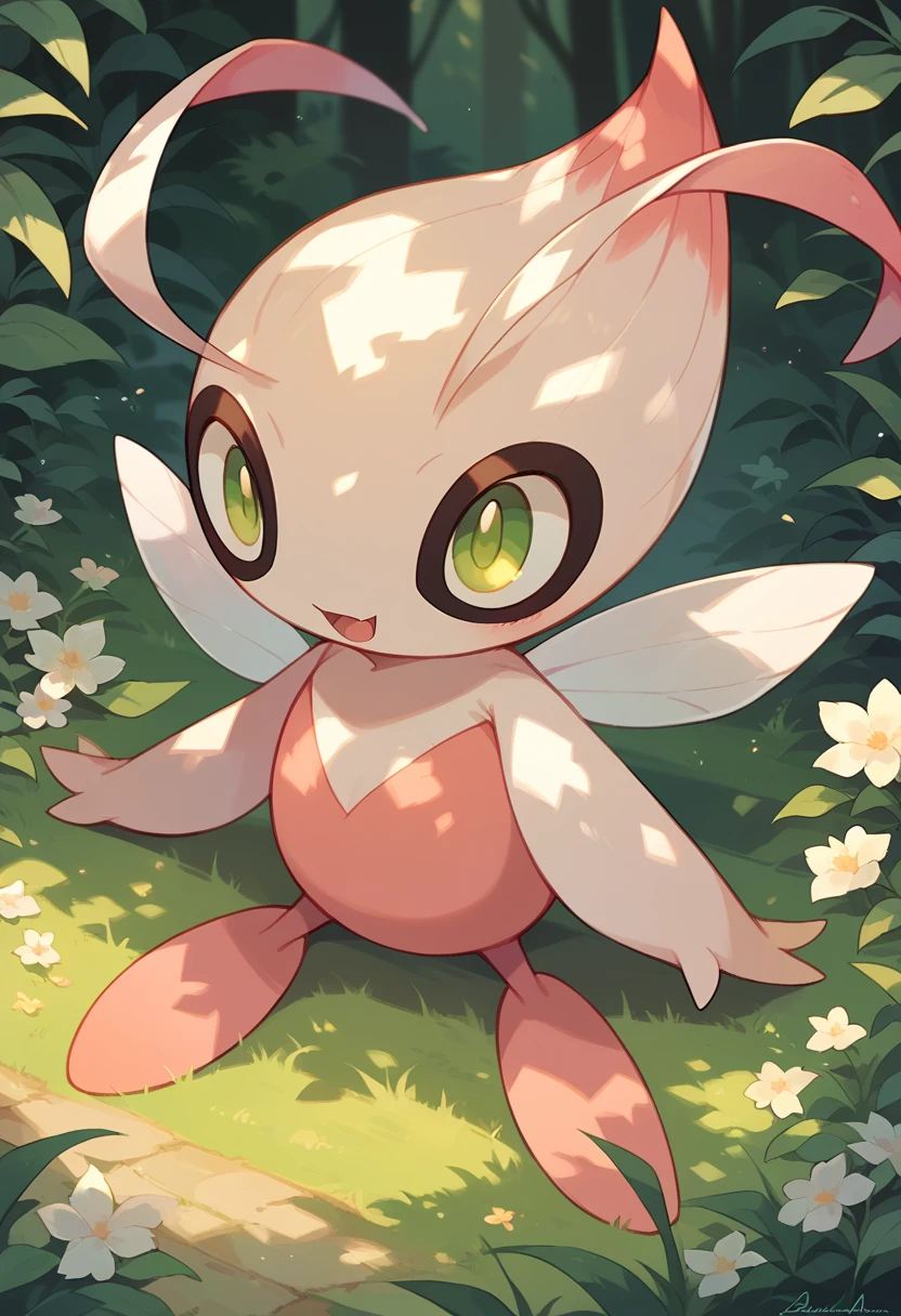 Shiny Celebi, wings, pokemon (creature), body shade of pink, head pink, eyes green,