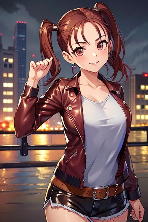 Jessica,  shiny maroon hair,  twin tails, ( beautiful brown eyes、 center split)、smile、 super detailed eyes、 Highly Detailed Faces ,  highly detailed eyes ,cowboy shot,、(Alone,  one girl)、 ,Master Piece,  top quality ,  high res, masterpiece , 




(masterpiece,  top quality :1.4),  shirt, smile, leather jacket , short shorts,rainy night in the city ,