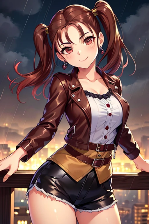 Jessica,  shiny maroon hair,  twin tails, ( beautiful brown eyes、 center split)、smile、 super detailed eyes、 Highly Detailed Faces ,  highly detailed eyes ,cowboy shot,、(Alone,  one girl)、 ,Master Piece,  top quality ,  high res, masterpiece , 




(masterpiece,  top quality :1.4),  shirt, smile, leather jacket , short shorts,rainy night in the city ,