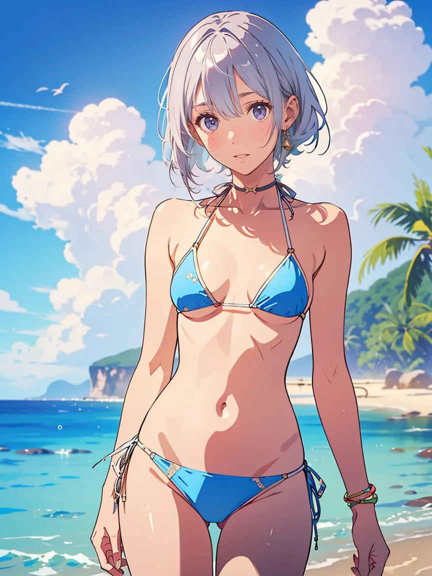 Highest quality, masterpiece, Wallpapers by Unity 8k, (One Girl) , 、1girl,、Flat Chest、bikini、 blue sky、Ocean、Cowboy Shot、smile