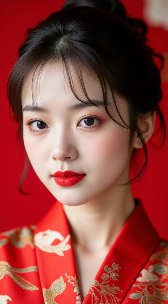  Attractive and beautiful Oriental woman's face , Bright red lipstick ,  Highly saturated red makeup ,  Kimono-like Hanbok pattern , 검 uses a lot of red color in the background 함 얼굴에 비치는 나뭇잎 그림자 무늬,  face frontal photoshoot 
Black on the picture,  uses a lot of red color in the background ,  goldfish pattern , Trendy photo 