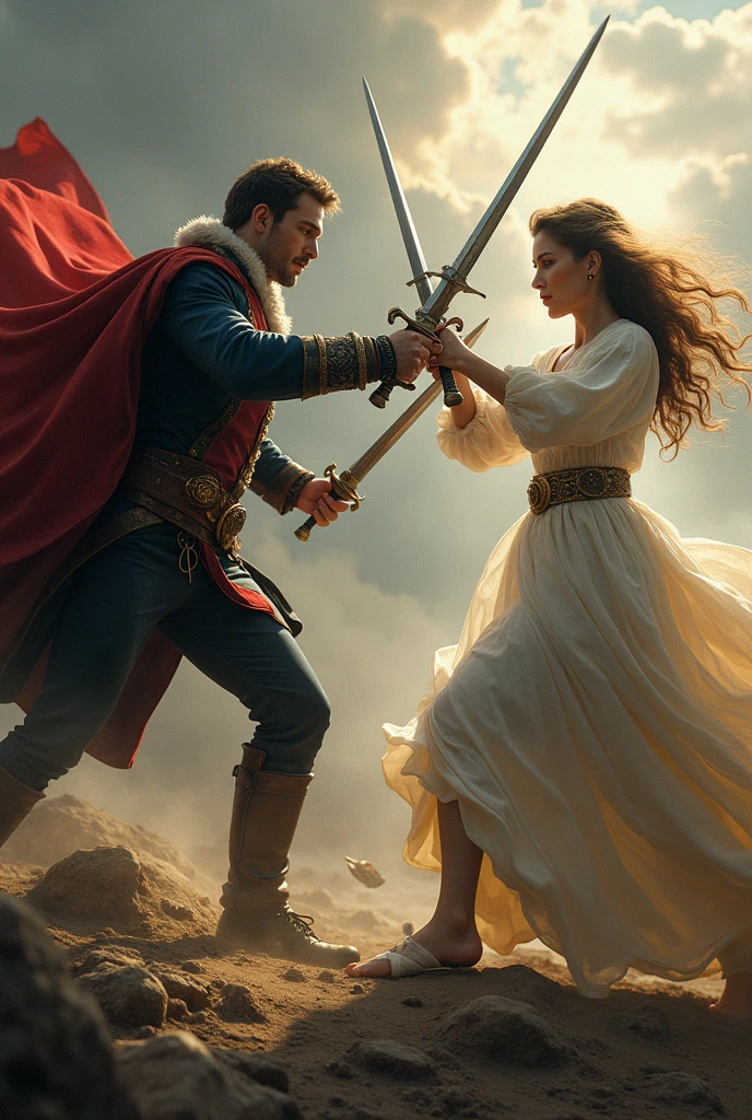 Medieval unarmored duke saving princess holding hands looking at each other while running away