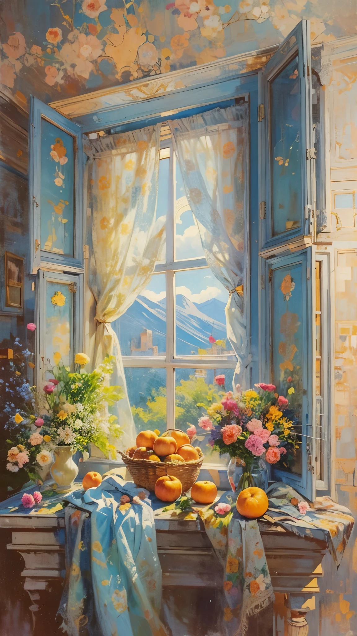 oil painting still life, vintage illustration of a window at the sunny day, iridescent light, soft light, lacy curtains, flowers, fruits, dynamic light