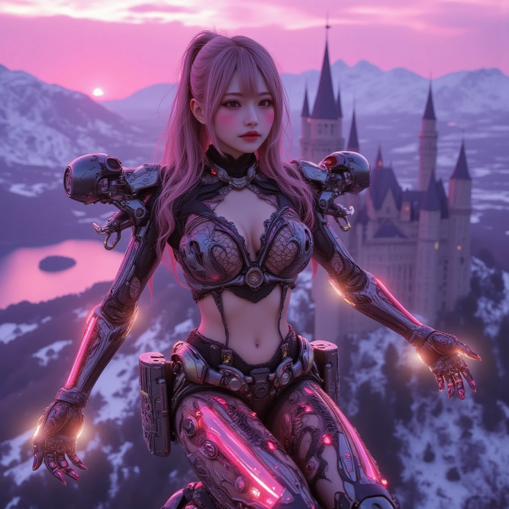 ultra-realistic, photorealistic, dramatic scene, shadow, global-illumination, solo, perfect anatomy, perfect fingers, (teenage Japanese famous idol girl but cyborg), very beautiful with very cute face, detailed face skin texture, (modern maid but futuristic cyborg), intricated complex cyber punk mechanical neon cyber cyborg body, wearing a beautiful lace, (her cyborg body is fully covered with extremely detailed futuristic mechanical armored suits), absolutely complex futuristic cyborg body, neon markers are integrated in her body, head gear, (very large breasts), slim waist, She is flying in the air in front of the old European castle, she is flying in the sky using mini rocket thruster on her back, dramatic beautiful new year's sunrise from the snow mountain, purple with pink, dynamic angle, dynamic flying pose, amazing view of castle with lake from the sky, 