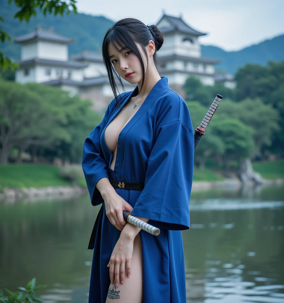 (best quality,4k,highres,masterpiece:1.2),ultra-detailed,(realistic,photorealistic:1.37),(highest quality), (detailed), beautyful, Light Layer, Shiny skin, (intricate detailed, Tight clothes, wearing maroon gold kimono, Big breasts, topless, cleavage, hair ornaments:1.2), From above, Black Hair, Black choker, Long Hair, Hime cut, woman, Blunt bangs, Side Lock, Red eyes, Holding a walking stick,Holding a scythe,Holding a sword, (young woman:1.1), Side Ponytail (Simple Background:1.1), standing, open legs, wet body