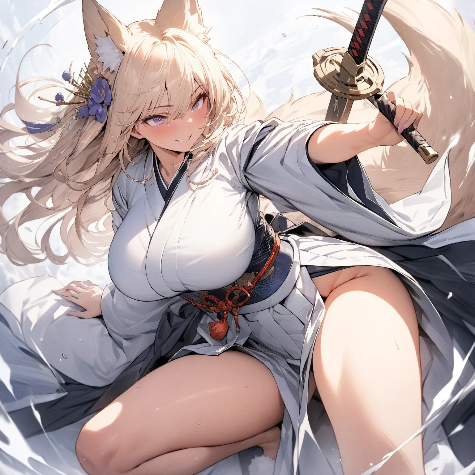 masterpiece, best quality, purple eyes, blonde fur, fox, animal ears, blonde hair, fox ears, glasses, muscle, tall girl, beautiful legs, long legs, breathtaking, nine-tailed golden fox, japanese art style, majestic, bokeh, ink, art, complex background, beautiful tails, n a serene and enchanted forest, a mesmerizing sight awaits those fortunate enough to catch a glimpse - a breathtaking white fox with a lustrous coat that gleams like freshly fallen snow under the gentle moonlight. Gracefully moving through the undergrowth, its elegant form captures the essence of ethereal beauty. But what truly sets this wondrous creature apart is its extraordinary nine tails, each one adorned with intricate patterns that seem to tell ancient tales of mythical wonders. With every swish of those magnificent tails, an enchanting aura of magic surrounds the fox, captivating all who behold its splendor. As the embodiment of purity and allure, the white fox with its resplendent nine tails is a living testament to the wonders of nature's creativity and brilliance,