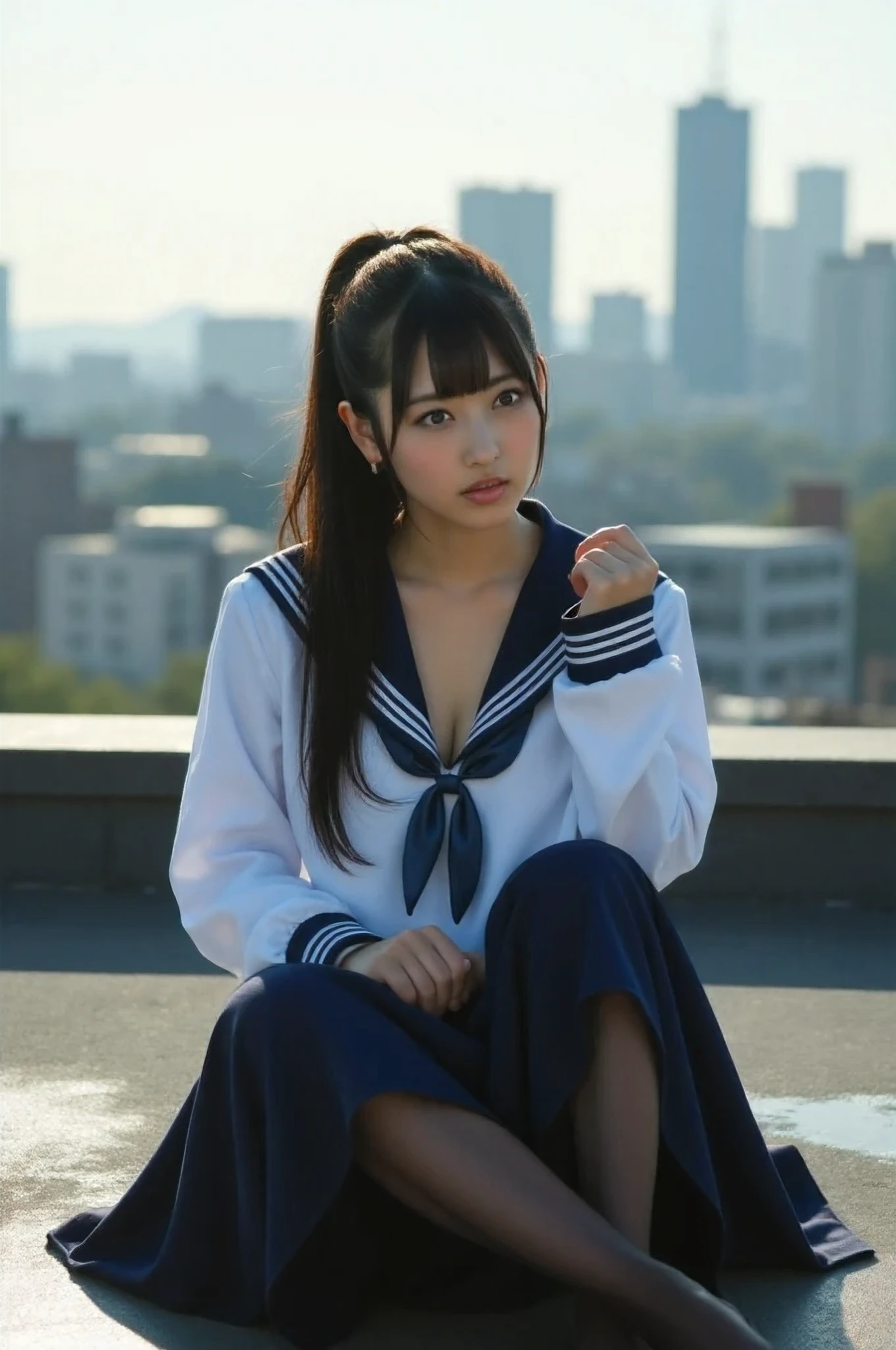 (masterpiece, IMAX cinematic quality:1.3),
(Rooftop:1.2), Beautiful face,
A woman in a high school uniform Sitting, her legs spread and lifts her skirt , wearing Lofer, It's live-action, peeing , Ponytail hair, Blushed face, Medium breast, lots puddle of pee at feet, (From below:1.2), Black pantyhose,
(ultra-realistic portrayal blending urban style with the allure of an Asian woman in a candid moment:1.3),