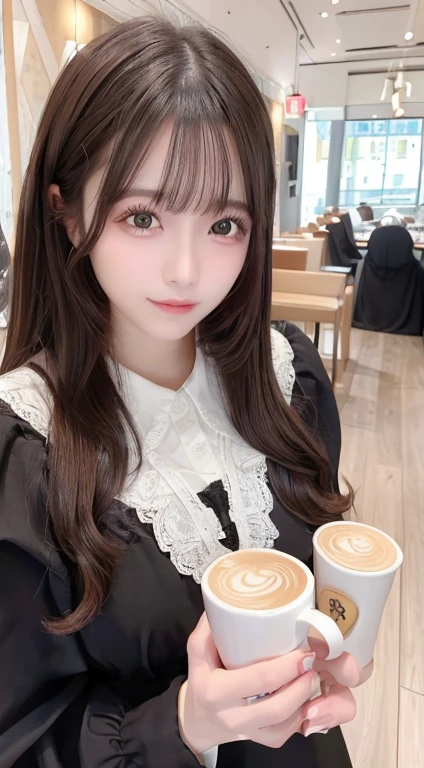 There is a woman holding a coffee cup, Real life anime girls, realistic Young Anime Girl, portrait of Cute Anime Girl, Cute natural anime face, Cute realistic portrait, Realistic Anime 3D Style, pretty girl, Attractive anime girl, Photorealistic Animation, Mysterious Coffee Shop Girl, Young Anime Girl, Cute Anime Girl, Long Hair Anime Girl