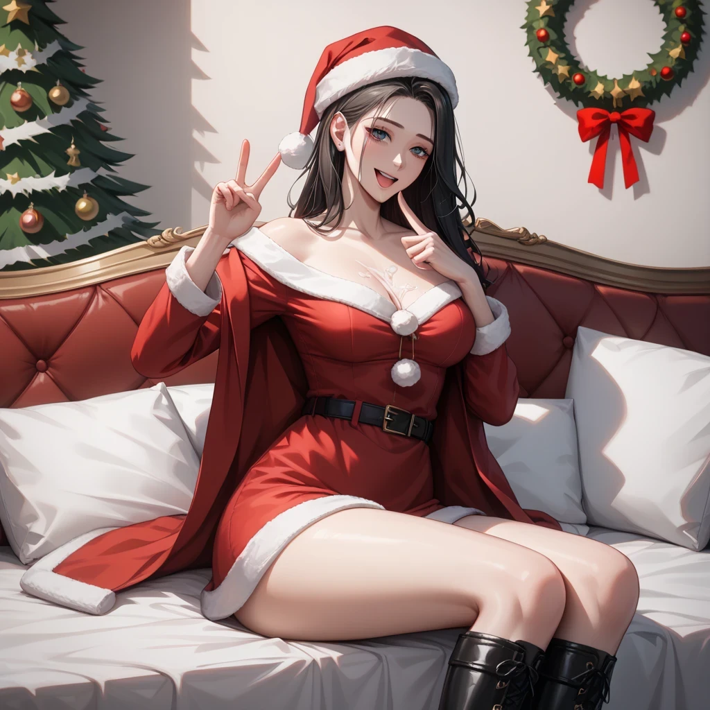 ((masterpiece, top quality,  high definition ,  High Definition CG Unified 8K Wallpaper )), ( Huge and amazing goddess shot , Very sexy,  breathtaking beauty, Perfect Proportions,  beautiful body,  the beauty of a slender body:1.3), ( dynamic poses ,  dynamic composition ),  Christmas,  Santa Claus, woman in  Santa Claus costume,  lying in bed 、 sitting piercing the viewer ,  red coat and skirt 、 white fur trim ,  Long Sleeve , Thick Black Belt , gold buckle ,  Black Leather Boots ,  Santa Claus hat,  Laugh shyly in the Rose Garden , ( beautiful hands, Correct finger in the book , Refers to 4 books, ), big crotch full erections,  My Breath Is Getting Hard , (,girl trembling with sexual climax,She orgasms), (((The man is sitting on the couch 、Hit the penis on a woman's vagina ,  and has penetrated her vagina too))、Middle-aged men are ejaculating , cum on body,