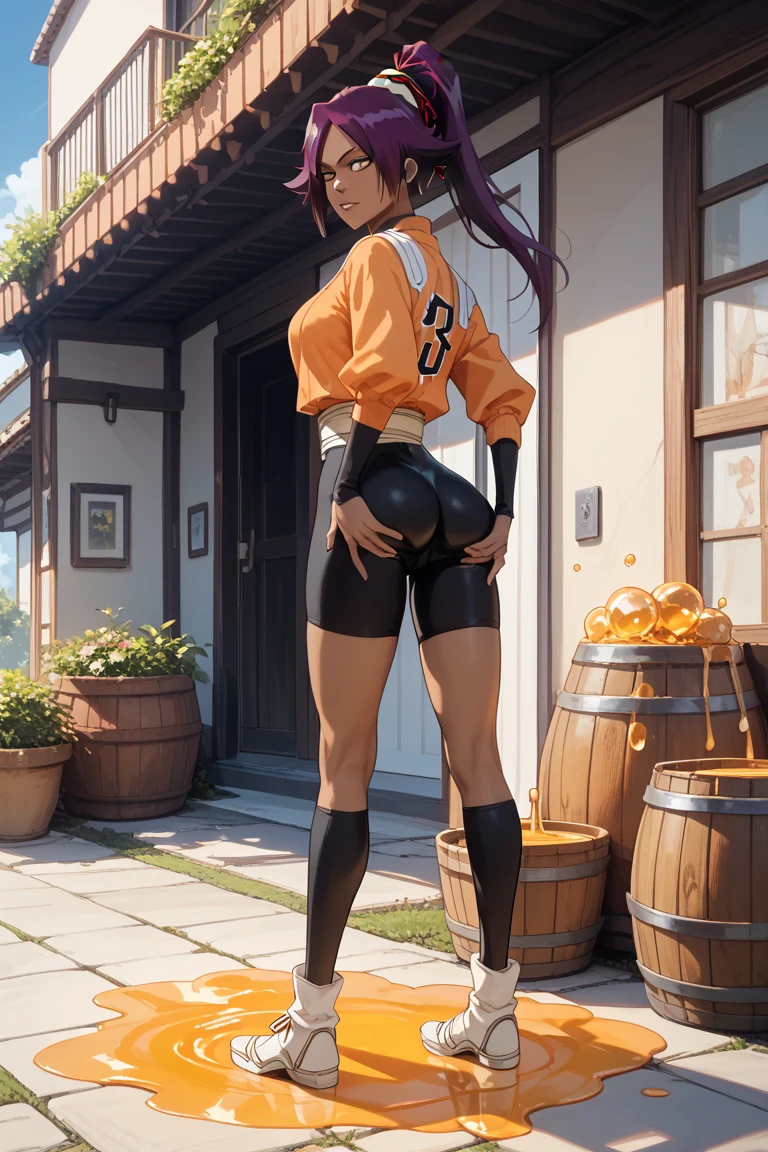  masterpiece fails,  Full Body Honey , (One focus), ( perfect face:1.1), ( high detail:1.1), anime, Bleach, Character Yoruichi,  in tight shorts, spread butt.