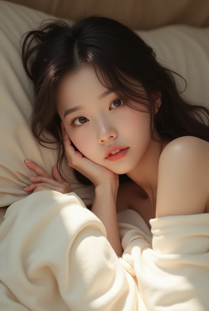 Masterpiece, Ultra High Definition, Micro detailed, fine photo, professional shot, artistic pose, a young 19 years old girl, with long brown straight hair, bangs, pleasured in bed making after sex face in a very content and in love expression, angelic innocent face, a very beautiful expressive eyes looking to the viewer, and arroused after sweating, pleasuring herself, cinematic, dramatic and artistic, curvy body a young japanese girl naked with pale skin rosy chicks and rosy lips